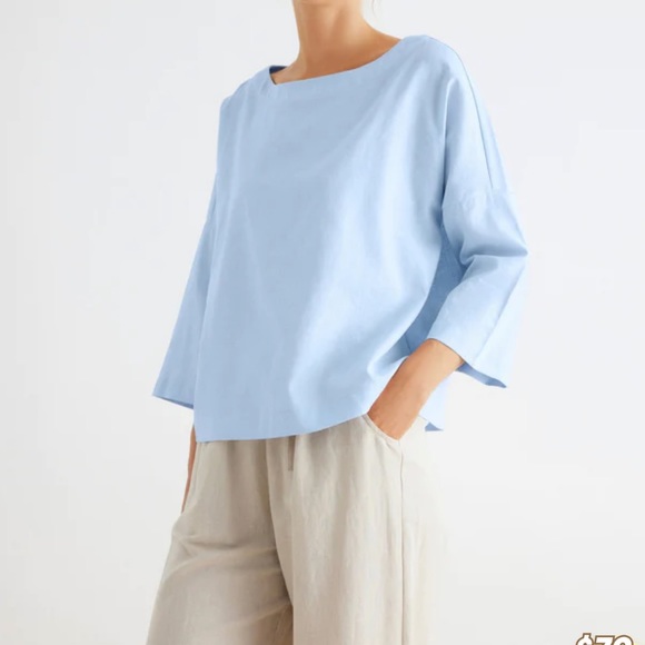 Grae Cove Tops - Grae Cove Blue Tabitha Boatneck 3/4 Length Sleeve Linen Blend Top (XL)